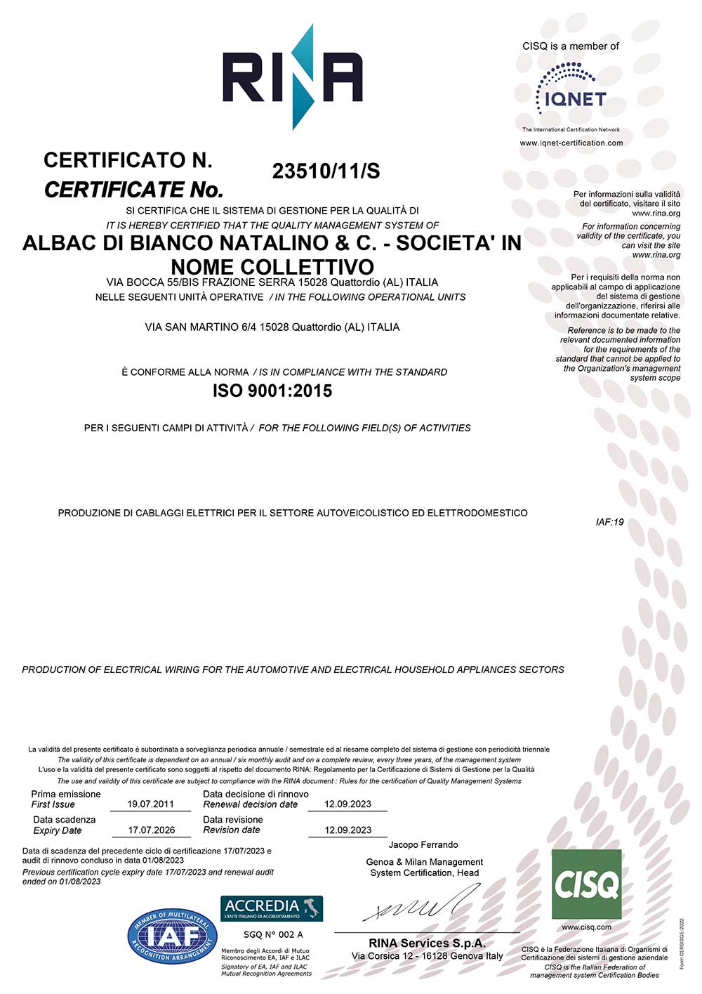 Albac certificato ISO 9001:2015
